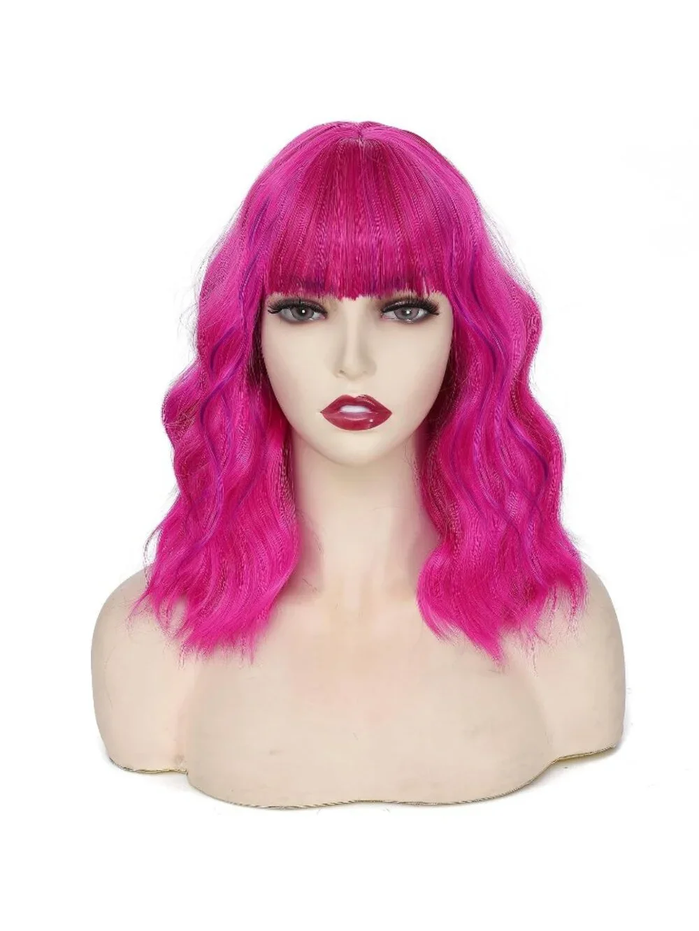 Women's Rose Purple 14 Inch Heat Resistant Short Wavy Hair Pastel Bob Wig Bangs